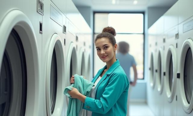 Professional staff holding freshly cleaned clothes in a modern, bright laundromat