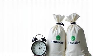 Clock and laundry bags symbolizing fast same-day delivery