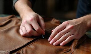 Expert hands cleaning a leather jacket