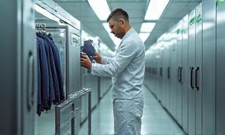 Technician using equipment on clothes in modern facility