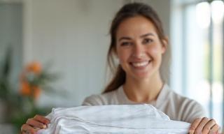 Customer smiling with clean clothes in hand