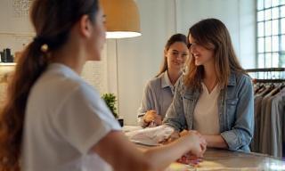 Customer handing garments to staff at the counter